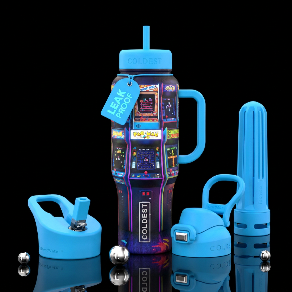 80s video arcades with games with glowy screens of... water bottle design