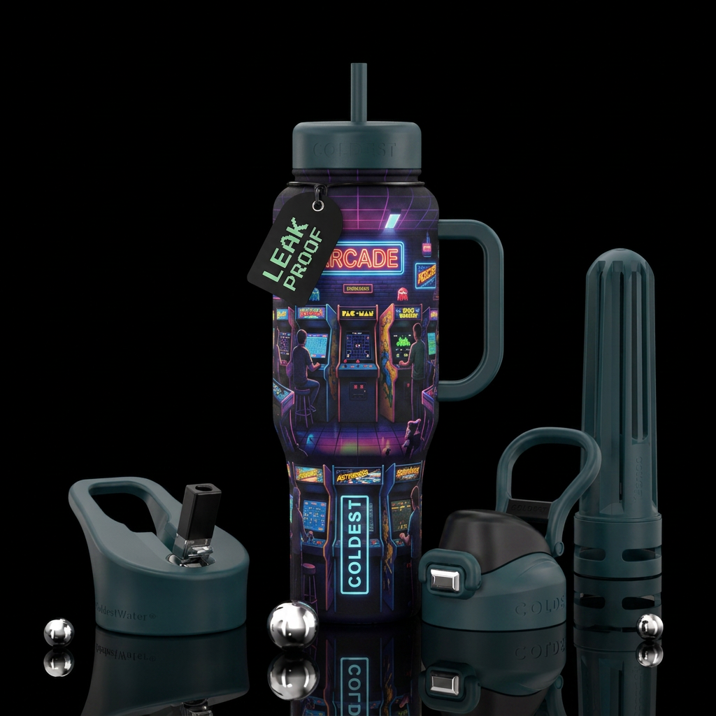 80s video arcades with games with glowy screens of... water bottle design