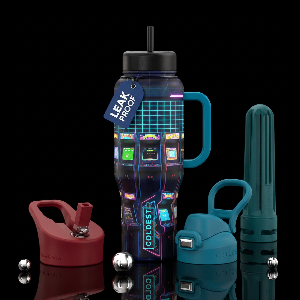 80s video arcade with games with glowy screens of ... water bottle design
