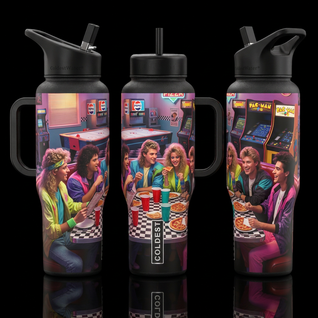 80s dinner at the pizza place with friends all dre... water bottle design