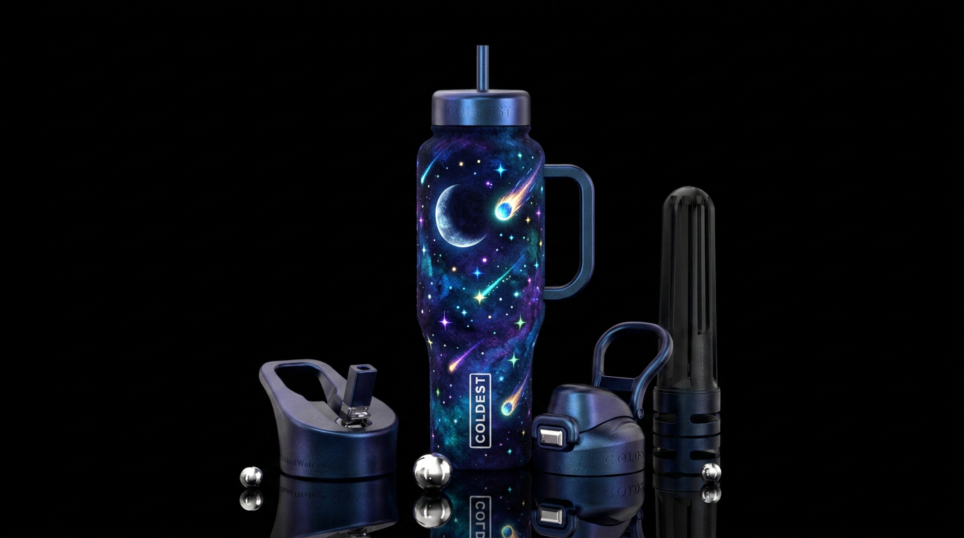 Moonlit meteor shower, glowy, persaids, please sho... water bottle design