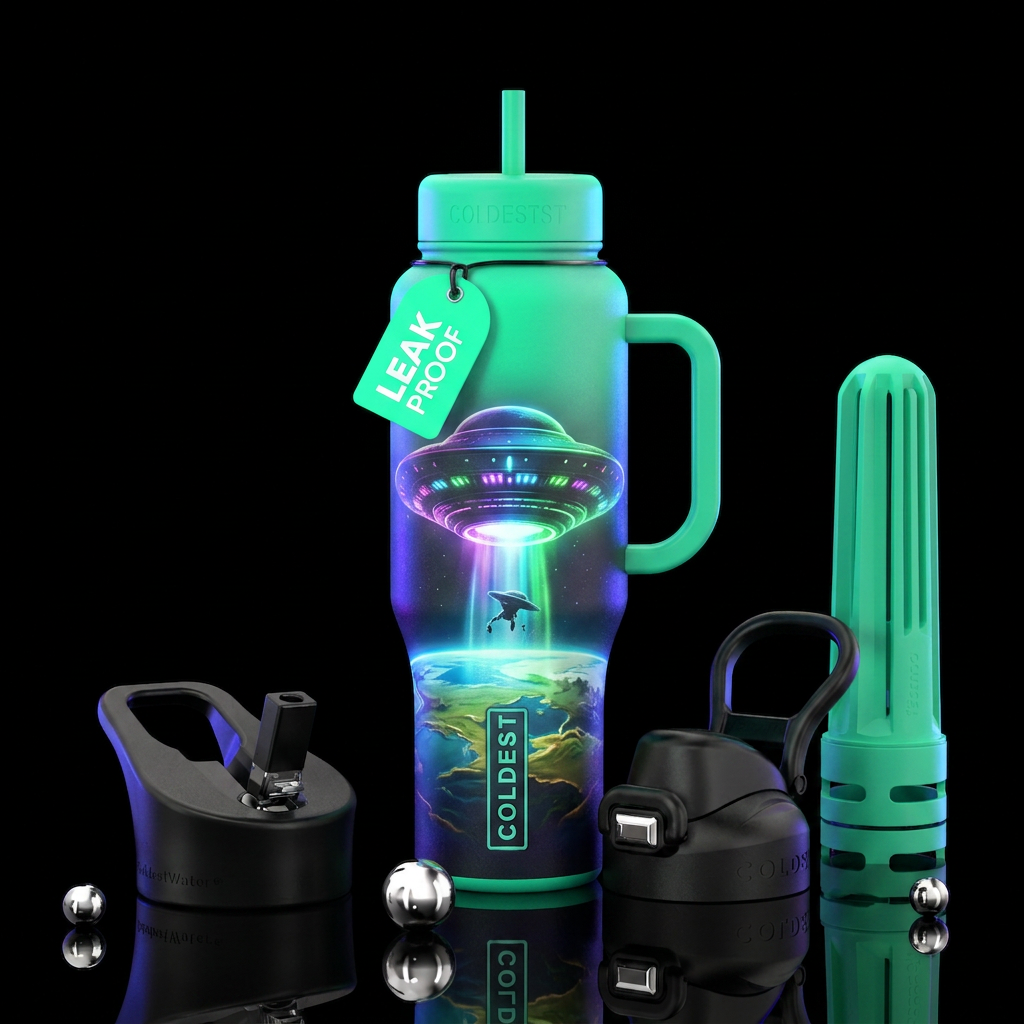 Alien ship landing on earth, glowy water bottle design
