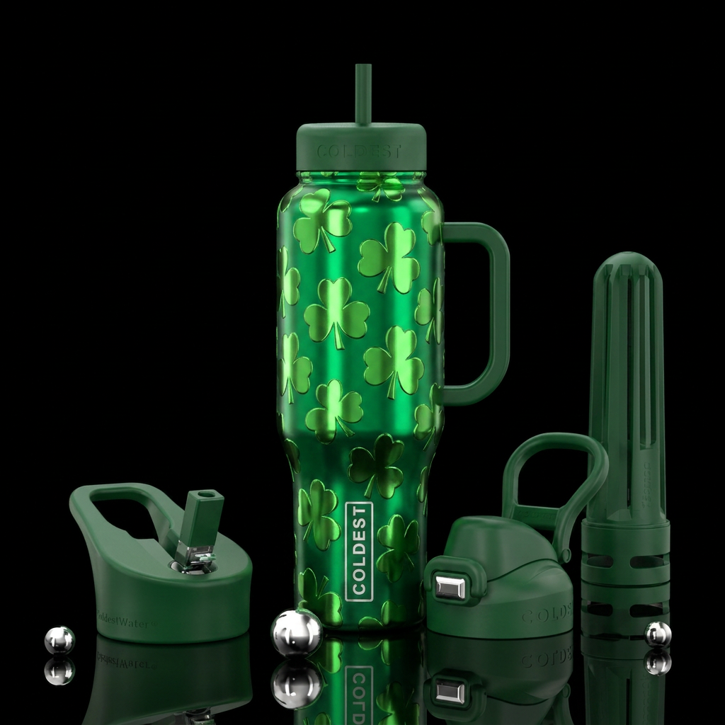 Shiny green shamrock on gree water bottle design