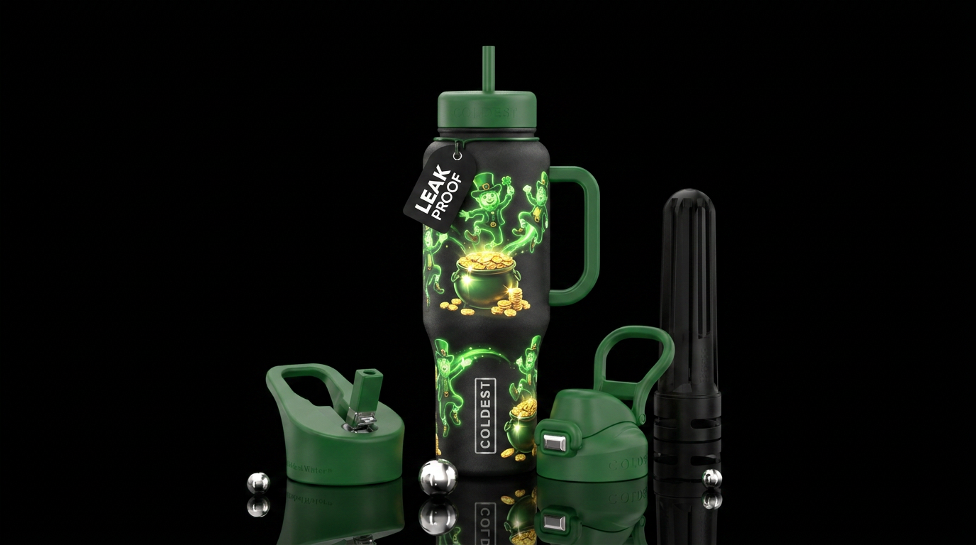 Glowy green leprechauns and pots of shiny gold water bottle design