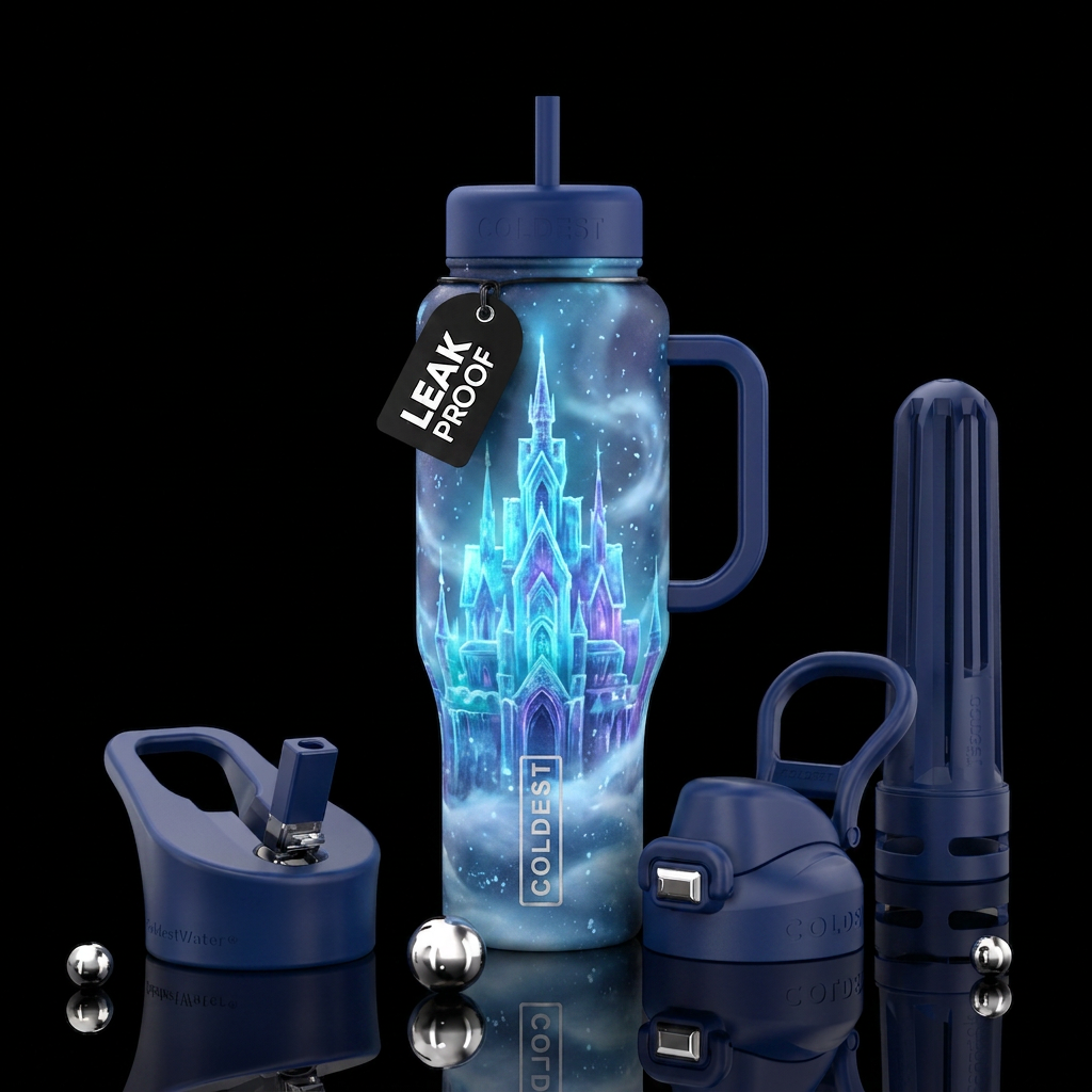 Glowy ice castle with blowing snow water bottle design