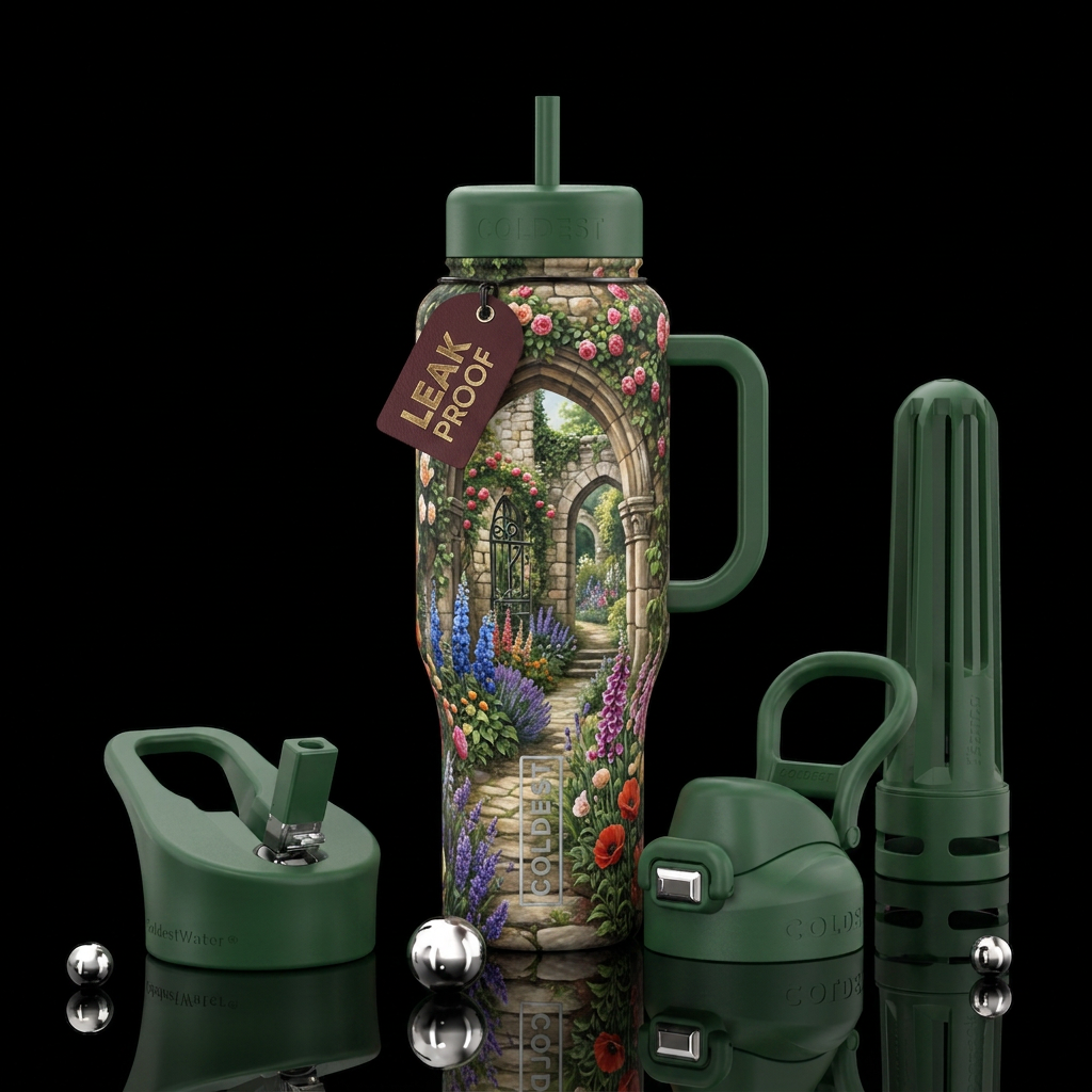 Secret Mideaval Garden full of flowers water bottle design