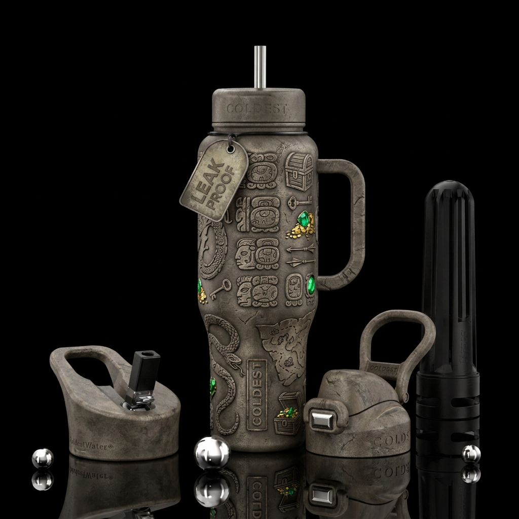 Tomb raider, secret traps, ancient treasure. water bottle design