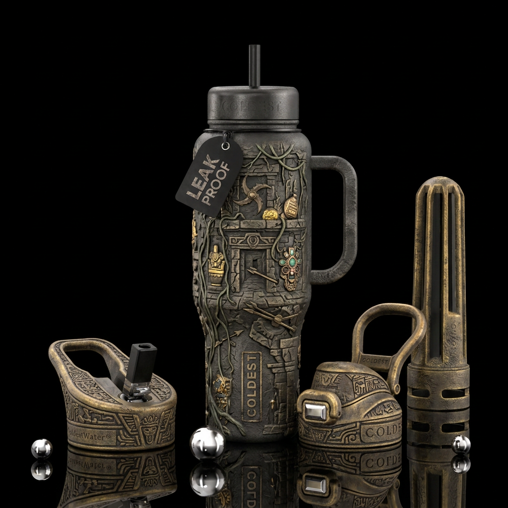 Tomb raider, secret traps, ancient treasure. water bottle design