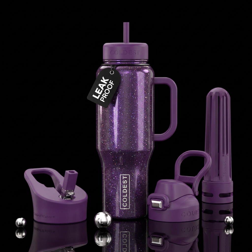 Pearl purple gel coat, glitter water bottle design
