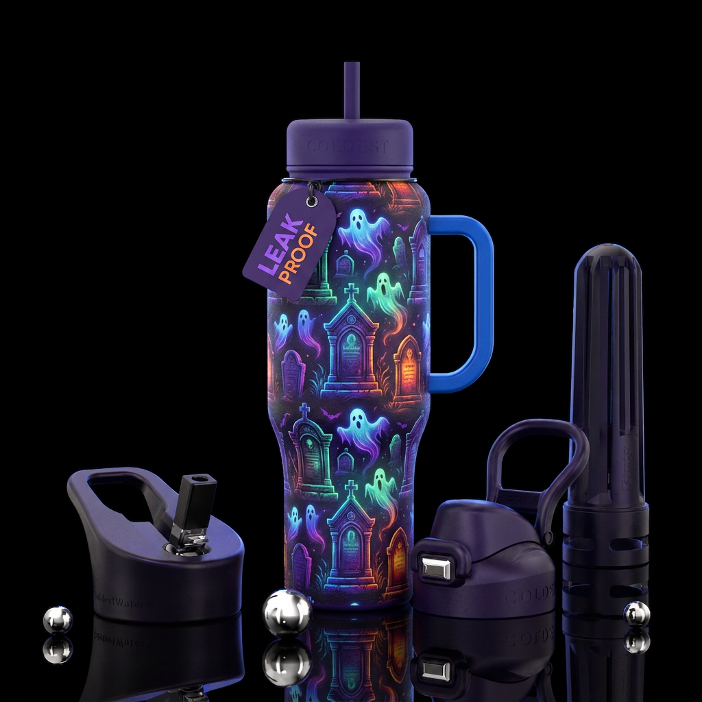 glowy tombs with ghosts water bottle design
