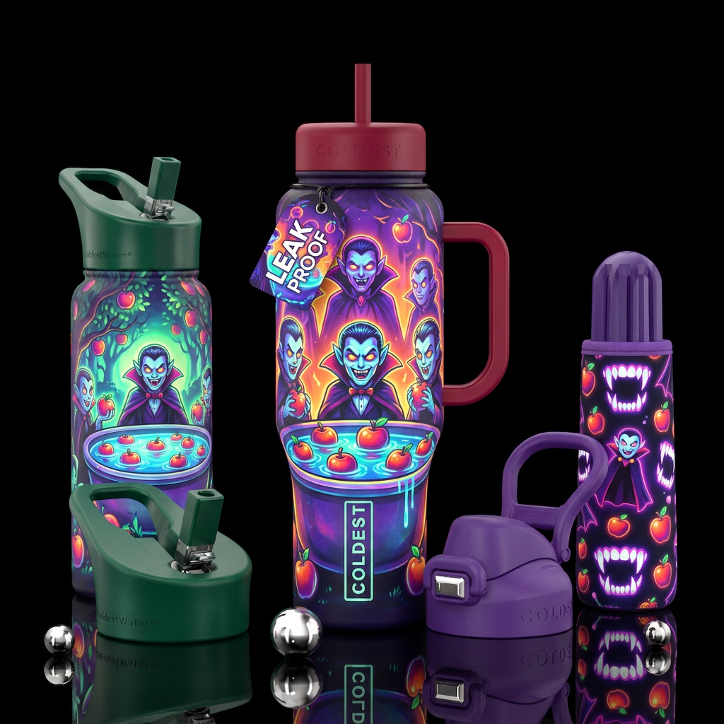 Glowy vampires bobbing for apples water bottle design