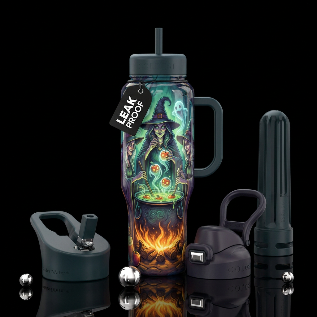 Witches with ghostly apples in their cauldron water bottle design