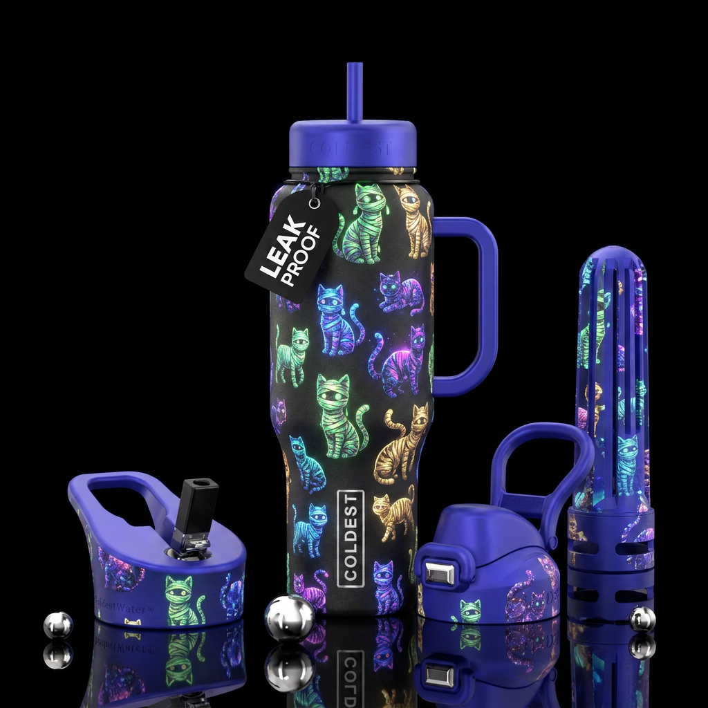 Glowy mummy cats water bottle design
