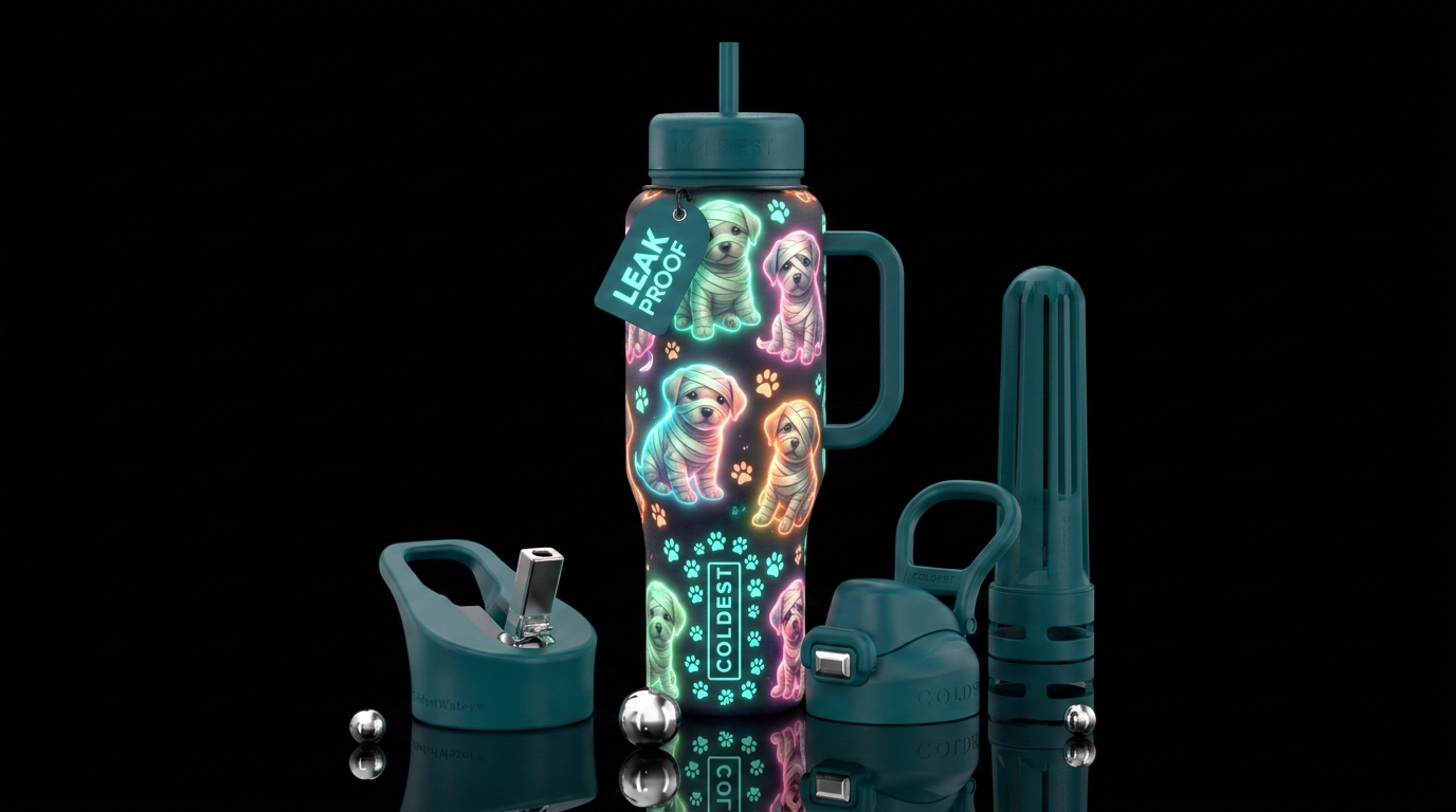 Glowy mummy baby puppies water bottle design