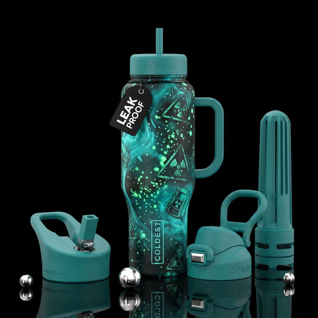 Teal nuclear waste water bottle design