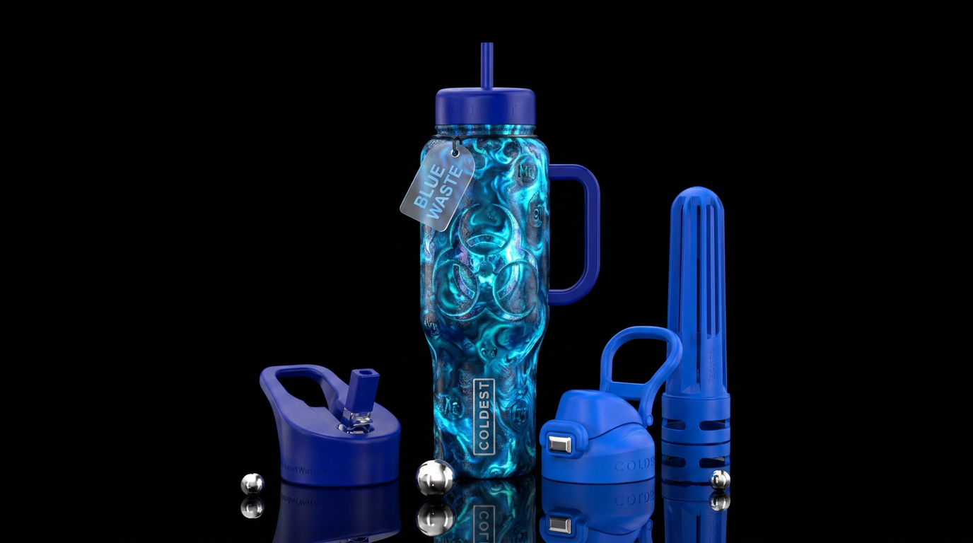 Blue nuclear waste water bottle design