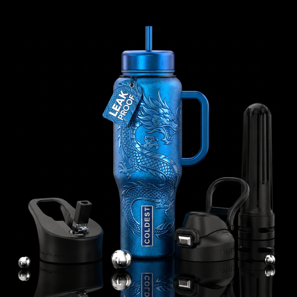 Metallic blue dragons water bottle design