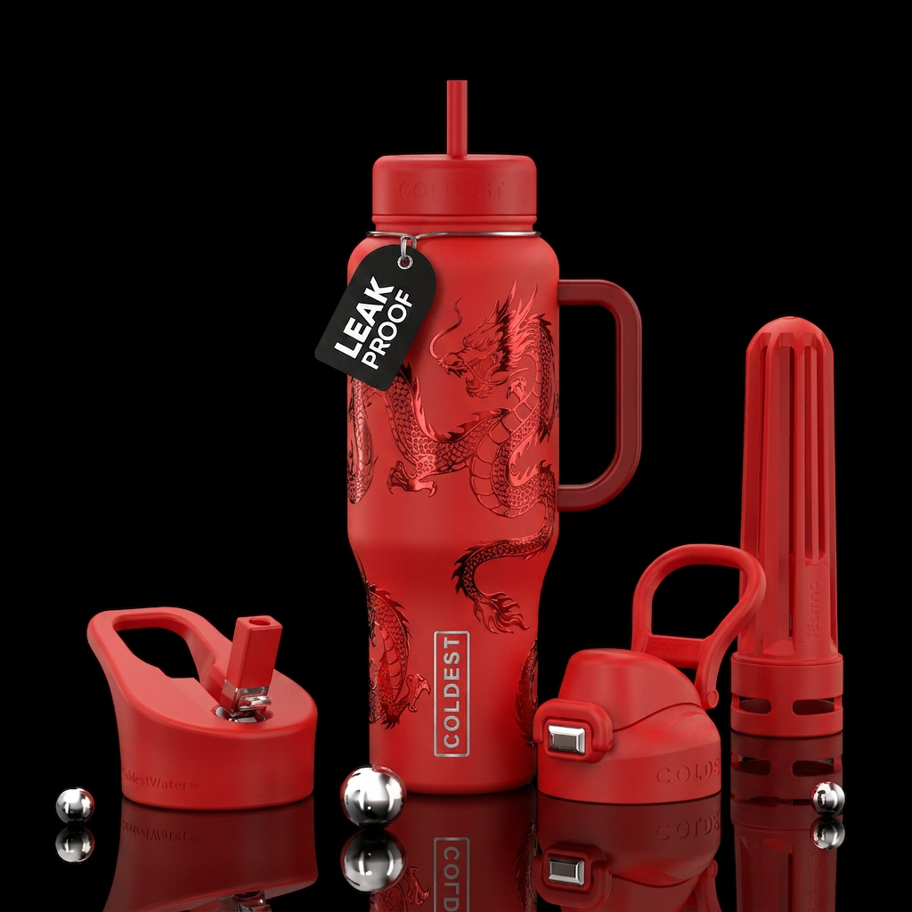 Metallic red dragons water bottle design