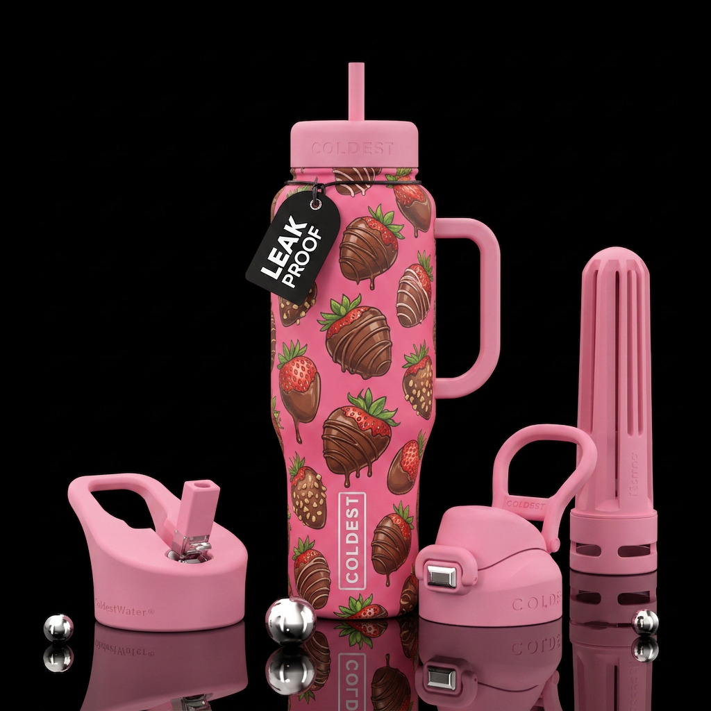 Chocolate covered strawberries on pink water bottle design