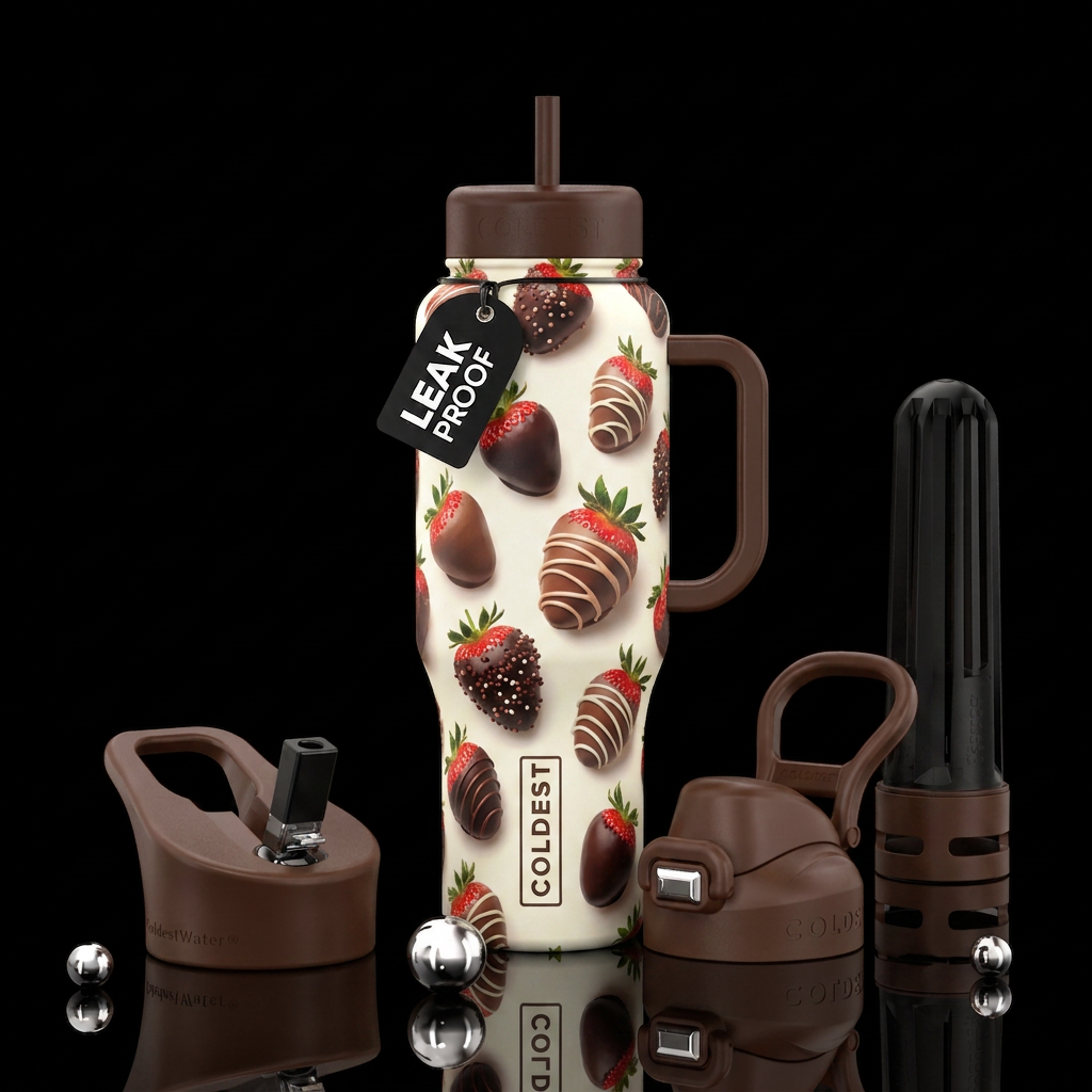 Chocolate covered strawberries on white water bottle design