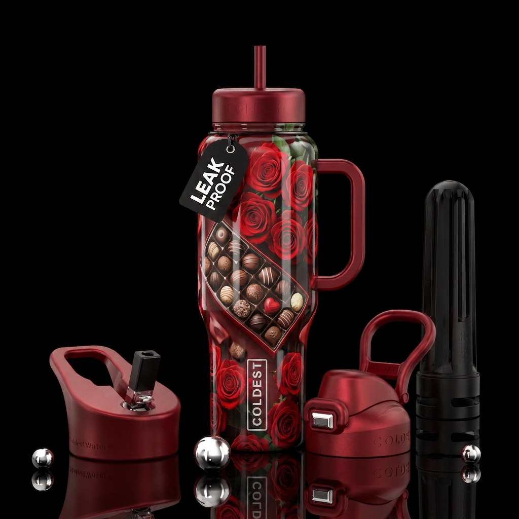 Box of candy and a dozen roses on white water bottle design
