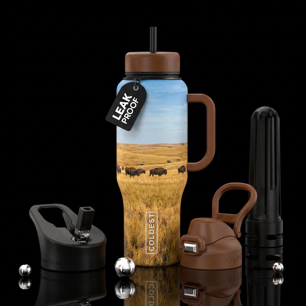 Open Prairie in the Midwest with roaming Bison water bottle design