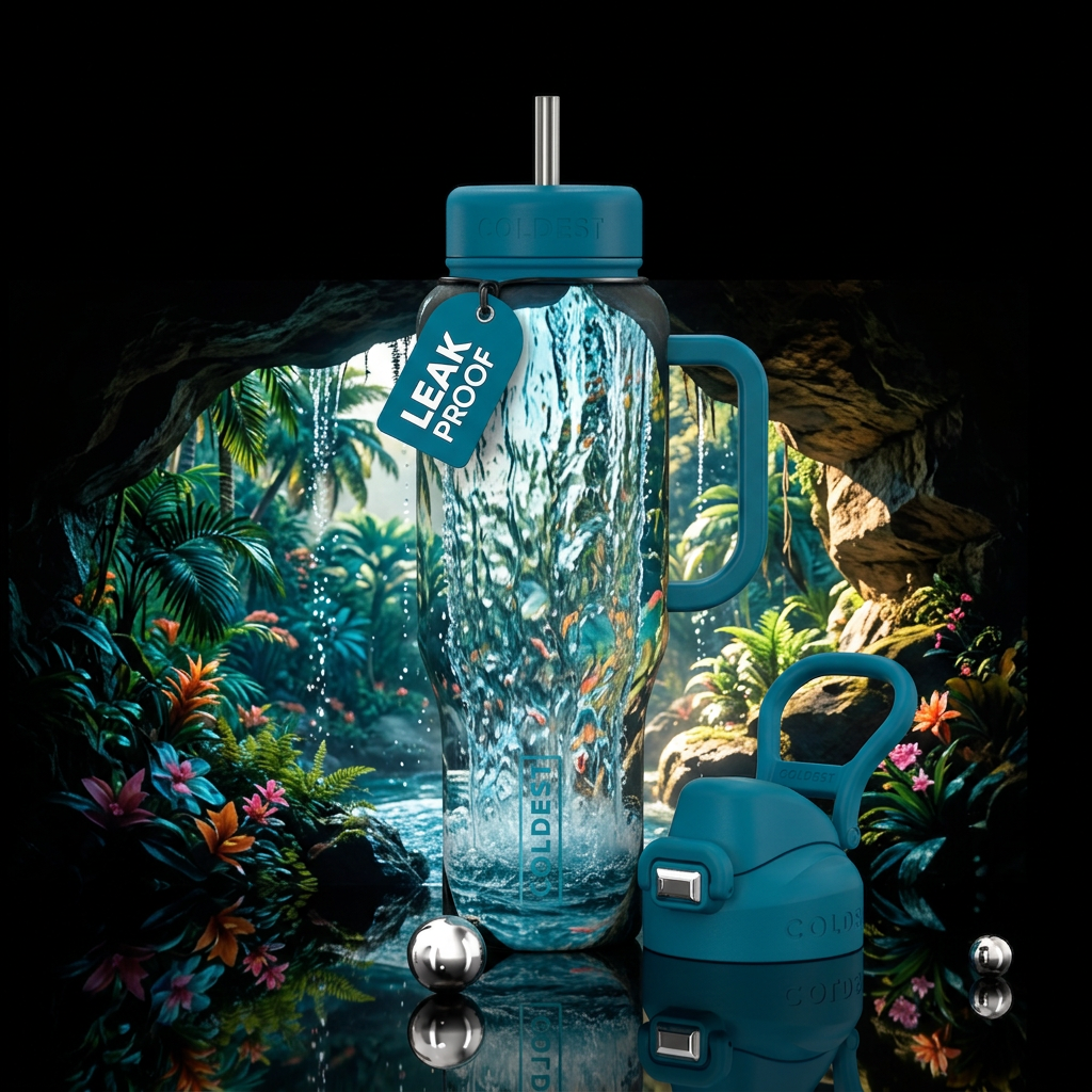 Behind the waterfall looking out water bottle design