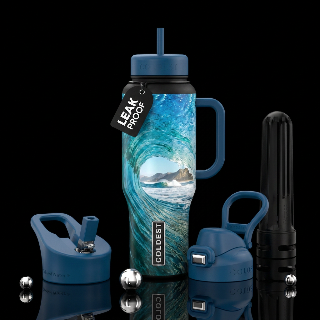Behind the wave looking out in the surf water bottle design