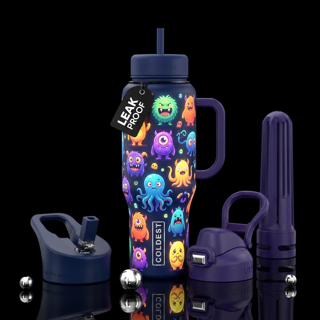 Glowy monsters under the bed water bottle design