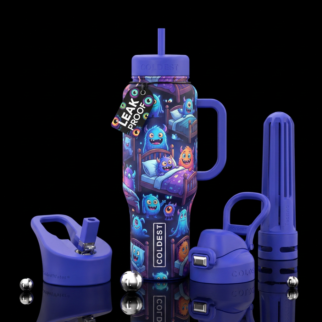 Glowy monsters under the bed water bottle design
