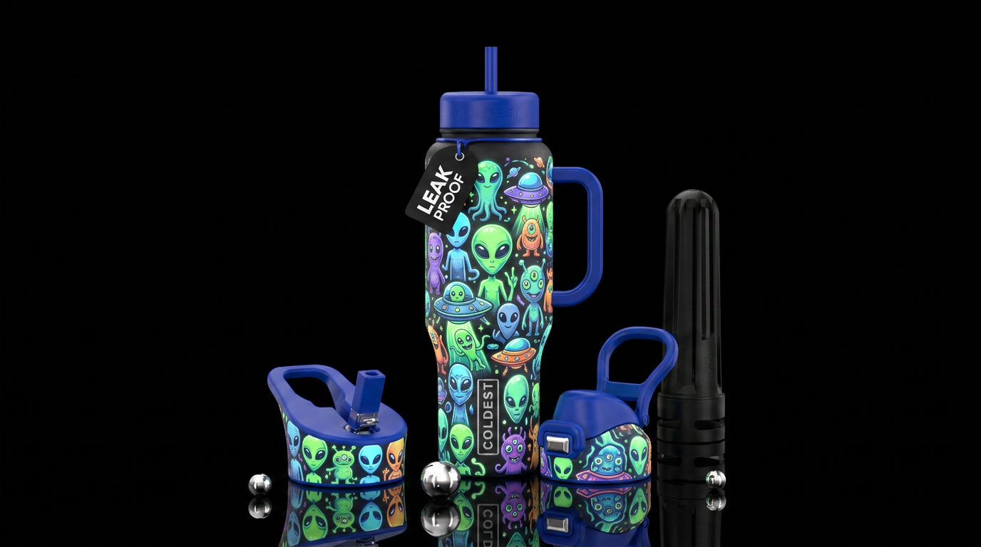 Glowy cartoon aliens water bottle design