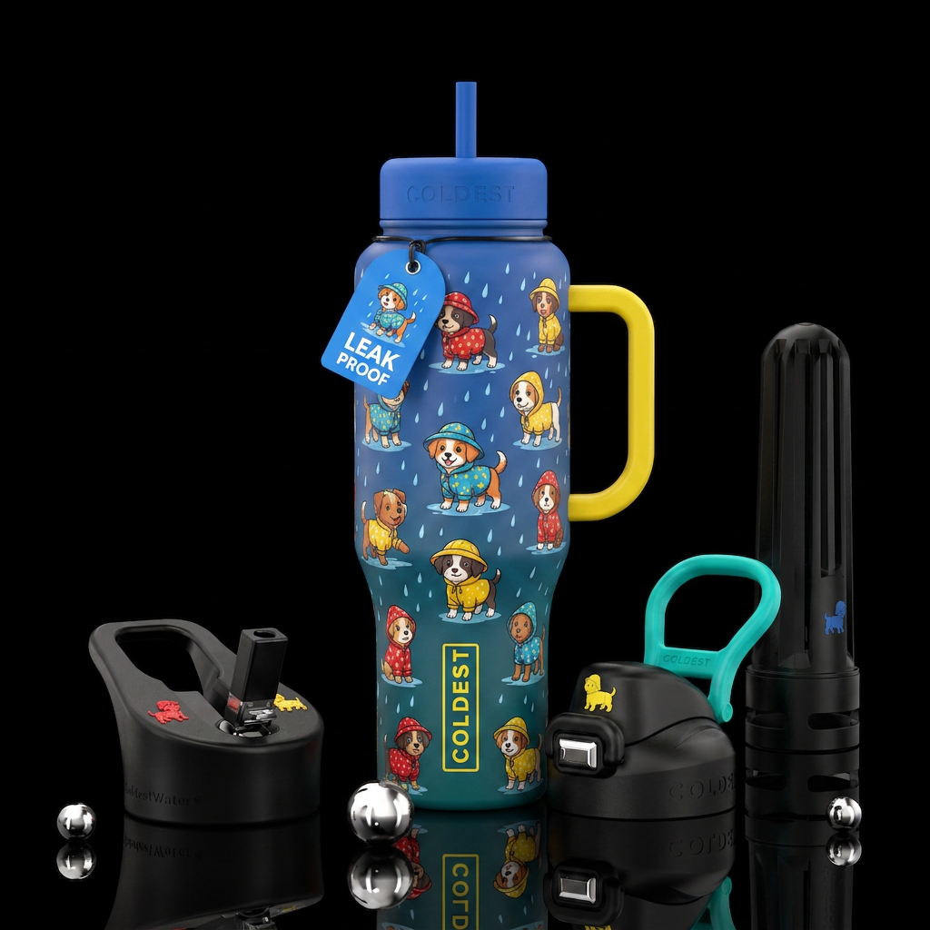 Cartoon puppies in the rain water bottle design