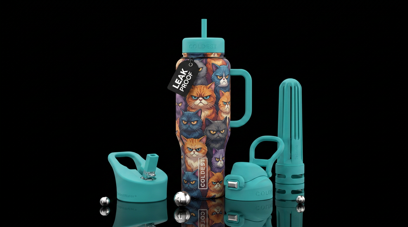 Grumpy face cartoon kitty cats water bottle design