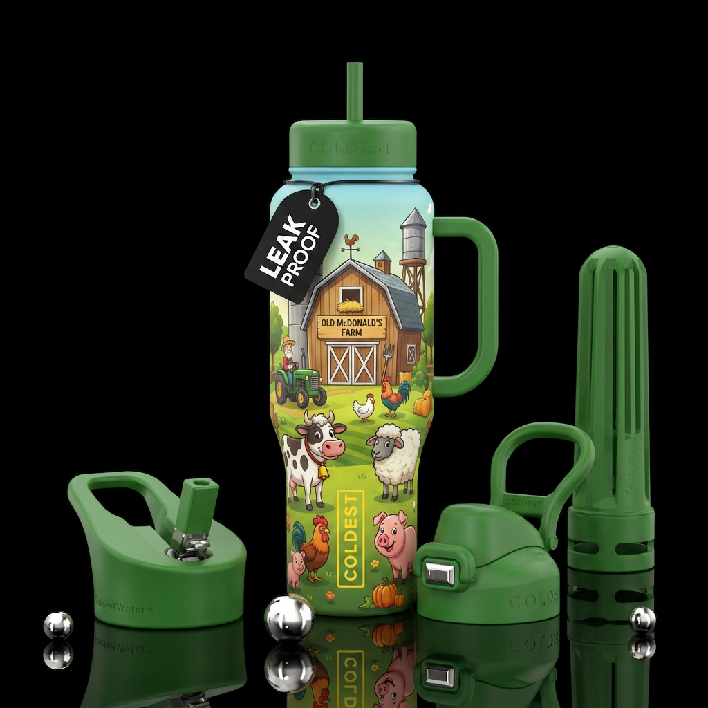 Old McDonald's farm, cartoon animals water bottle design