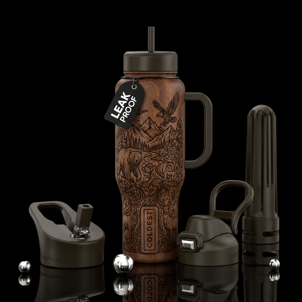 Wood tumbler with wood burned nature design and co... water bottle design