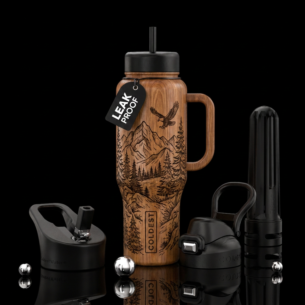 Wood tumbler with wood burned nature design and co... water bottle design
