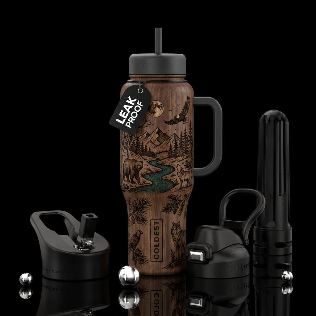 Wood tumbler with wood burned nature design and co... water bottle design