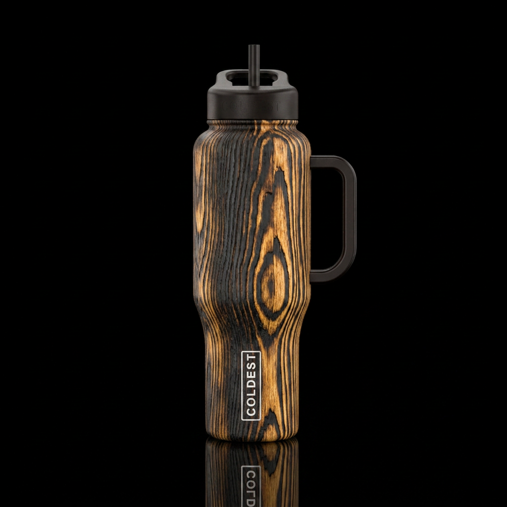 Oak burned to make the grain stand out water bottle design