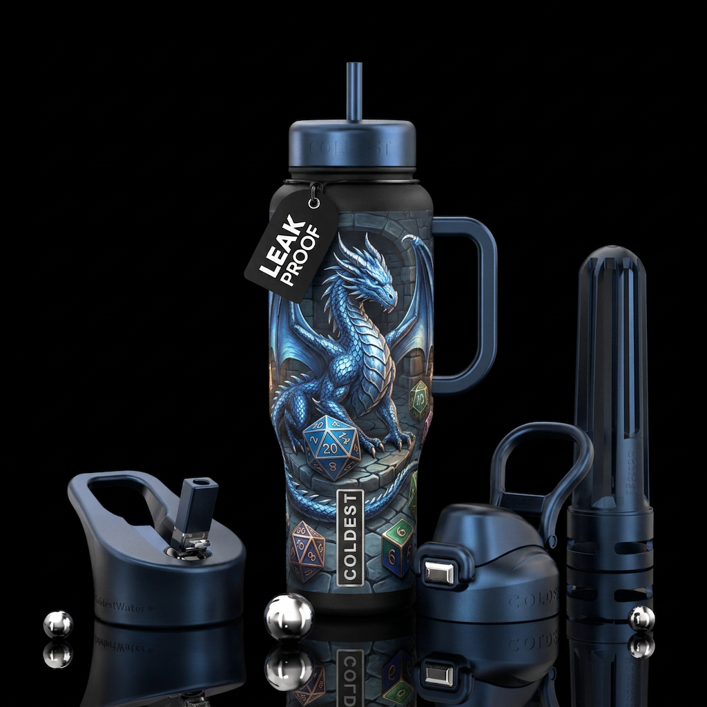 Metallic blue dragon with 3D dungeon and dragon di... water bottle design