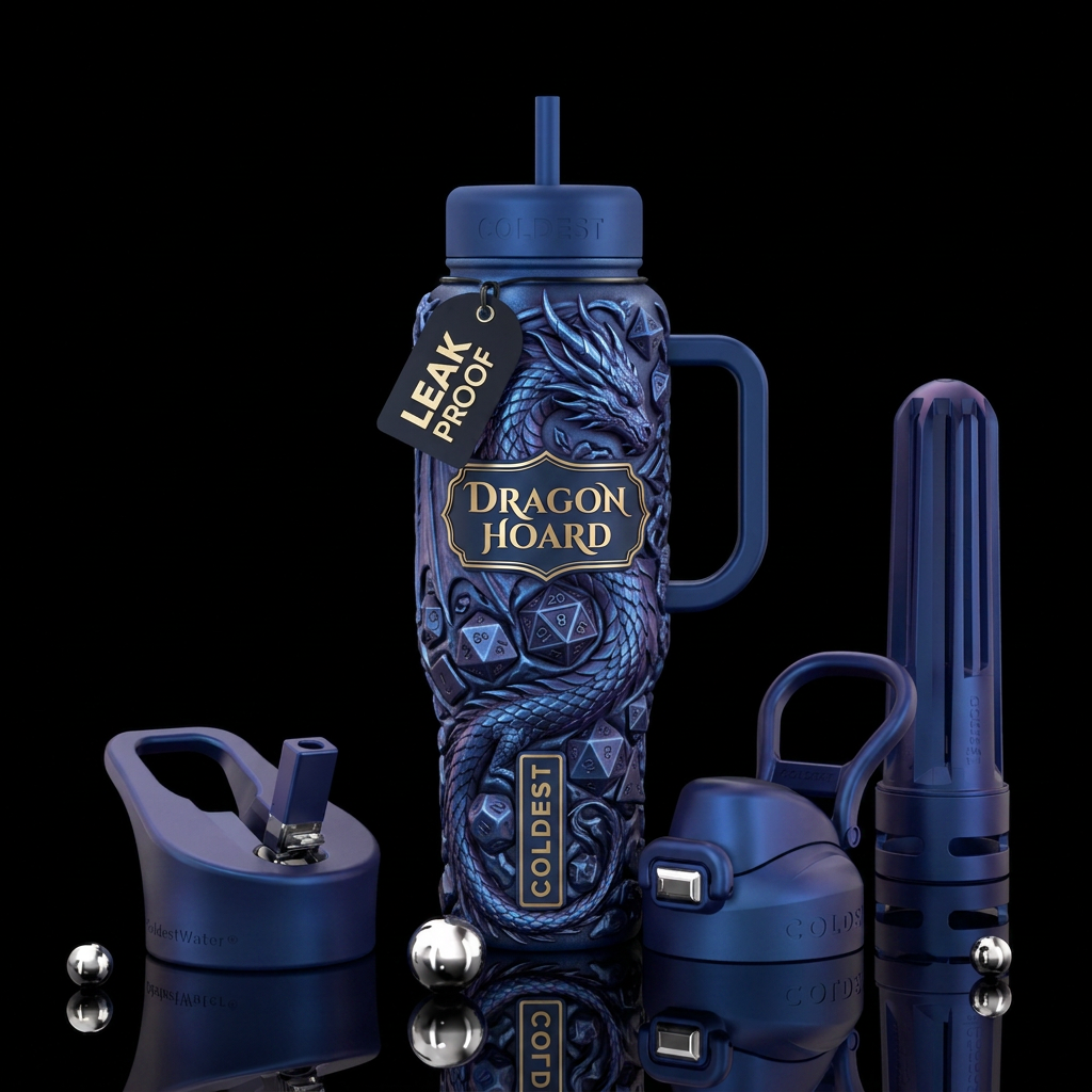 Metallic blue dragon with 3D dungeon and dragon di... water bottle design