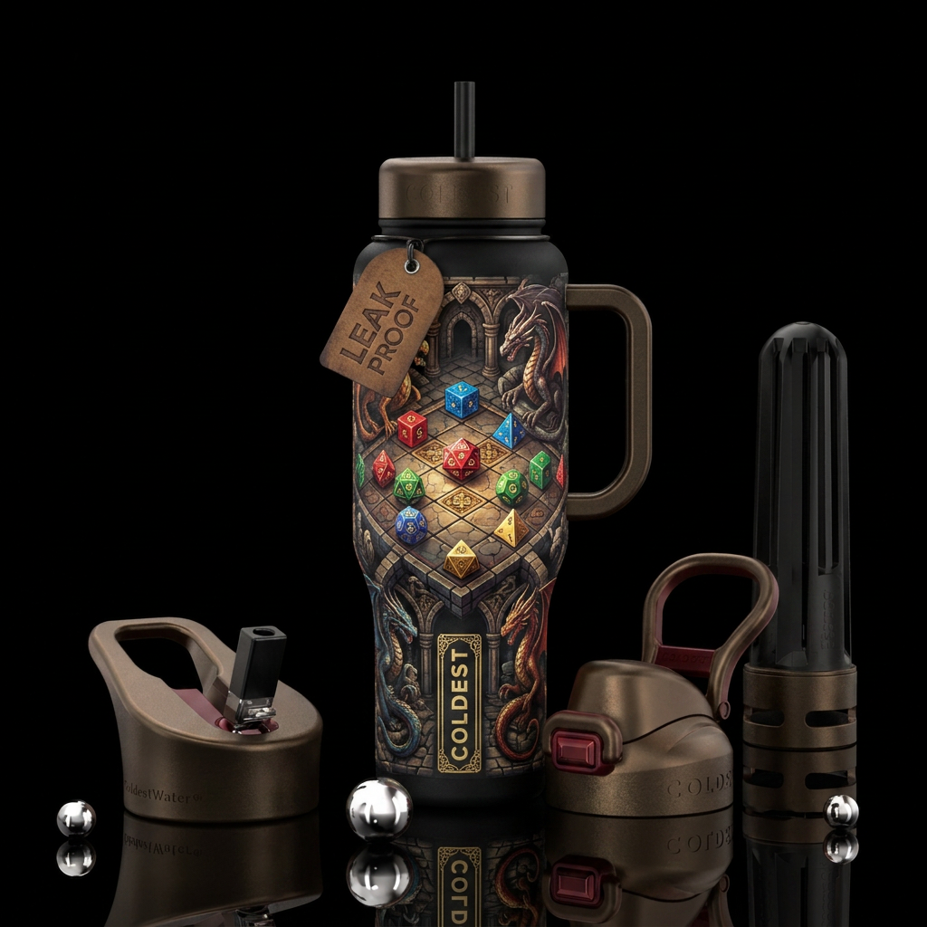 Fantasy gaming board with dungeon and dragon dice water bottle design
