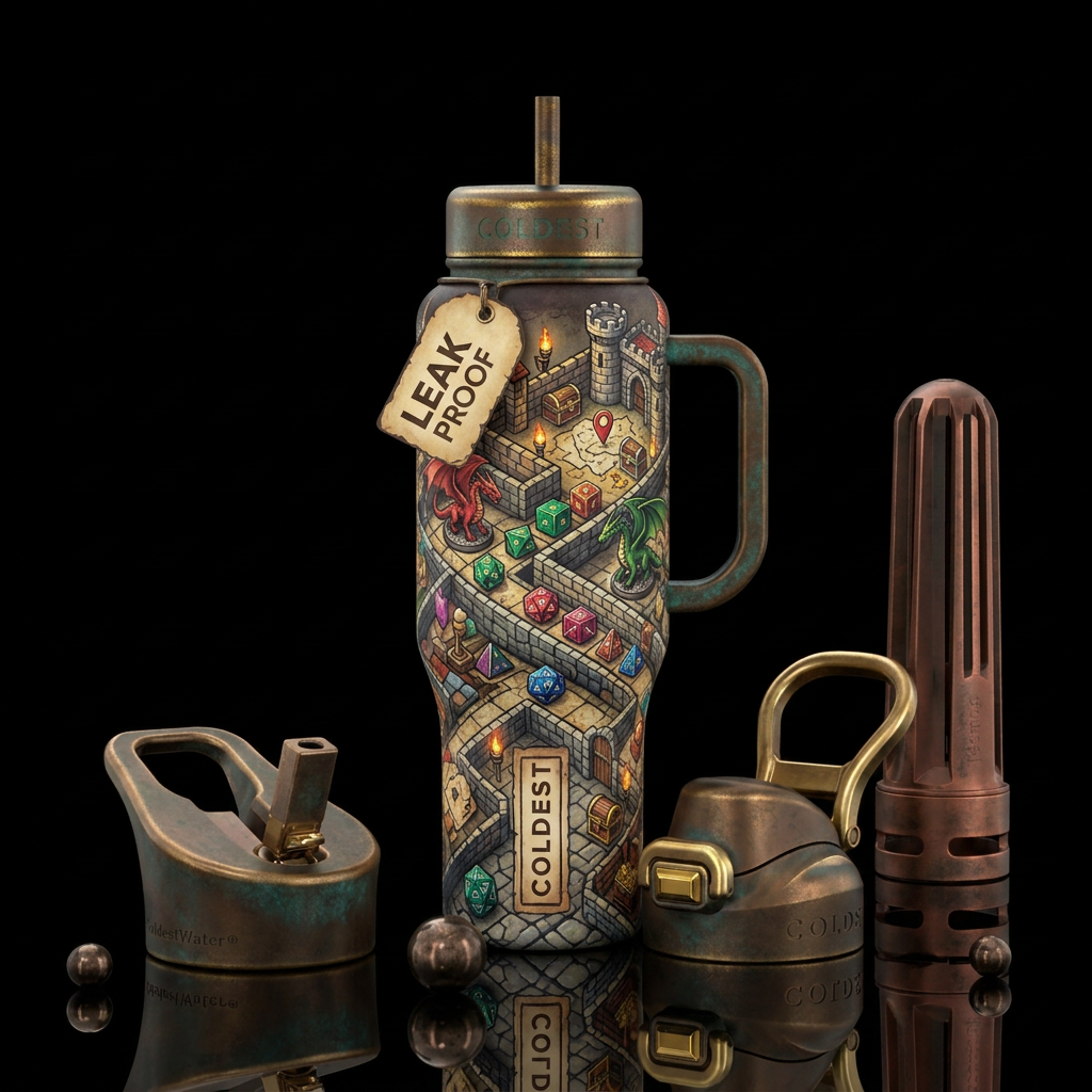 Fantasy gaming board with dungeon and dragon dice water bottle design