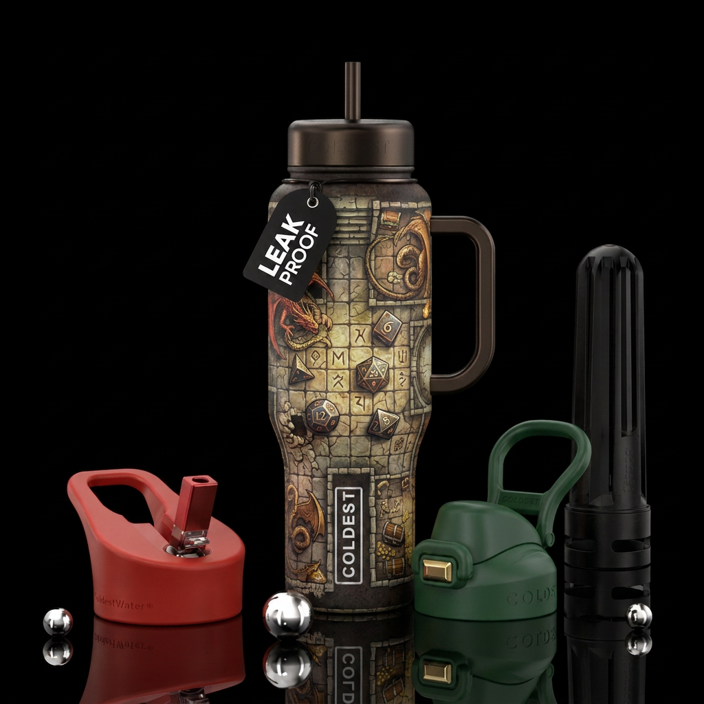 Fantasy gaming board with dungeon and dragon dice water bottle design