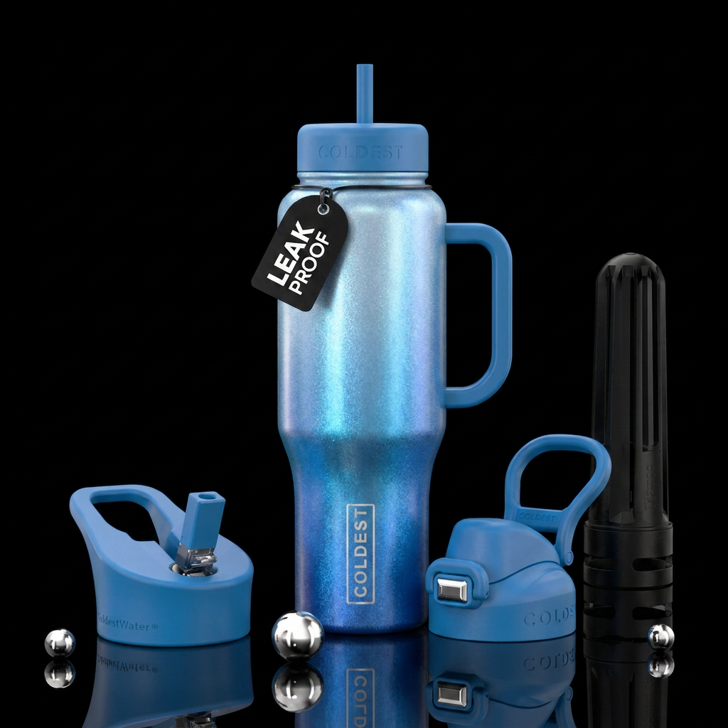 Shimmery blue mist water bottle design