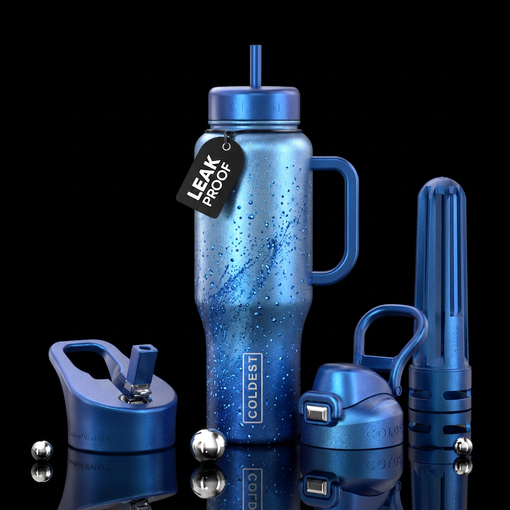 Shimmery blue mist water bottle design