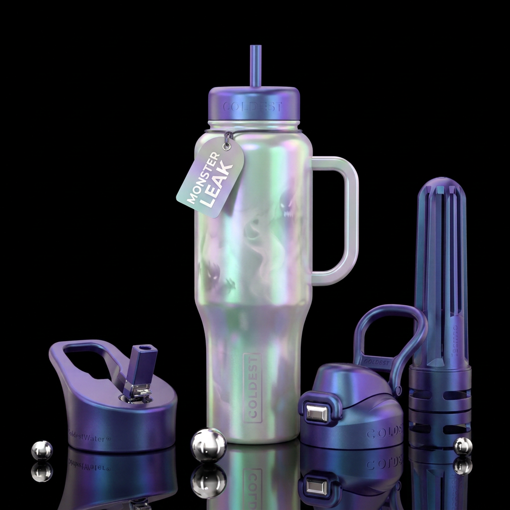 Scary glowy fog, shadow monsters, pearlescent water bottle design
