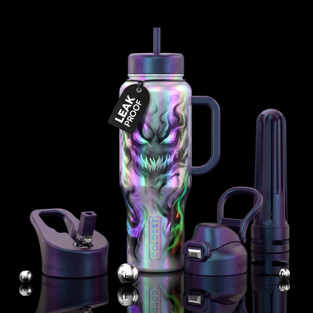 Scary glowy fog, shadow monsters, pearlescent water bottle design