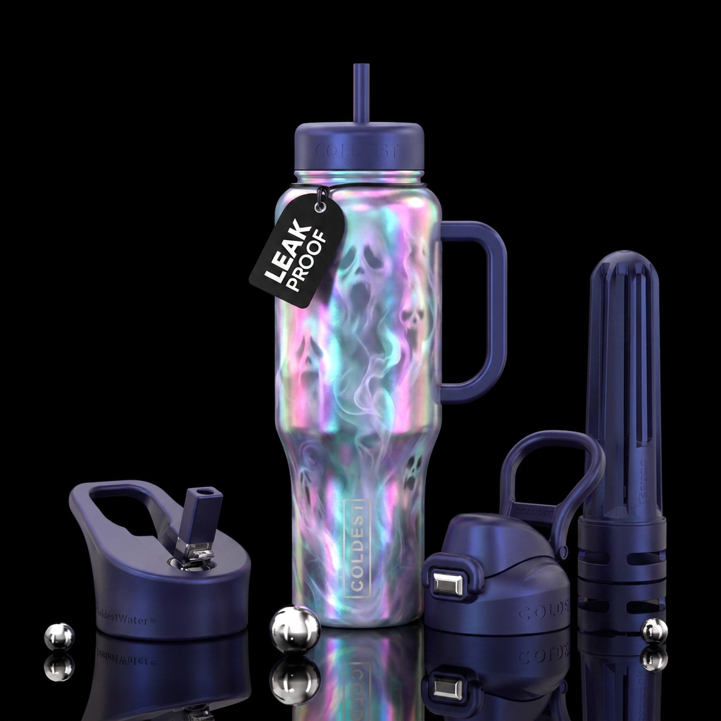 Scary glowy fog, ghostly vibe, pearlescent water bottle design