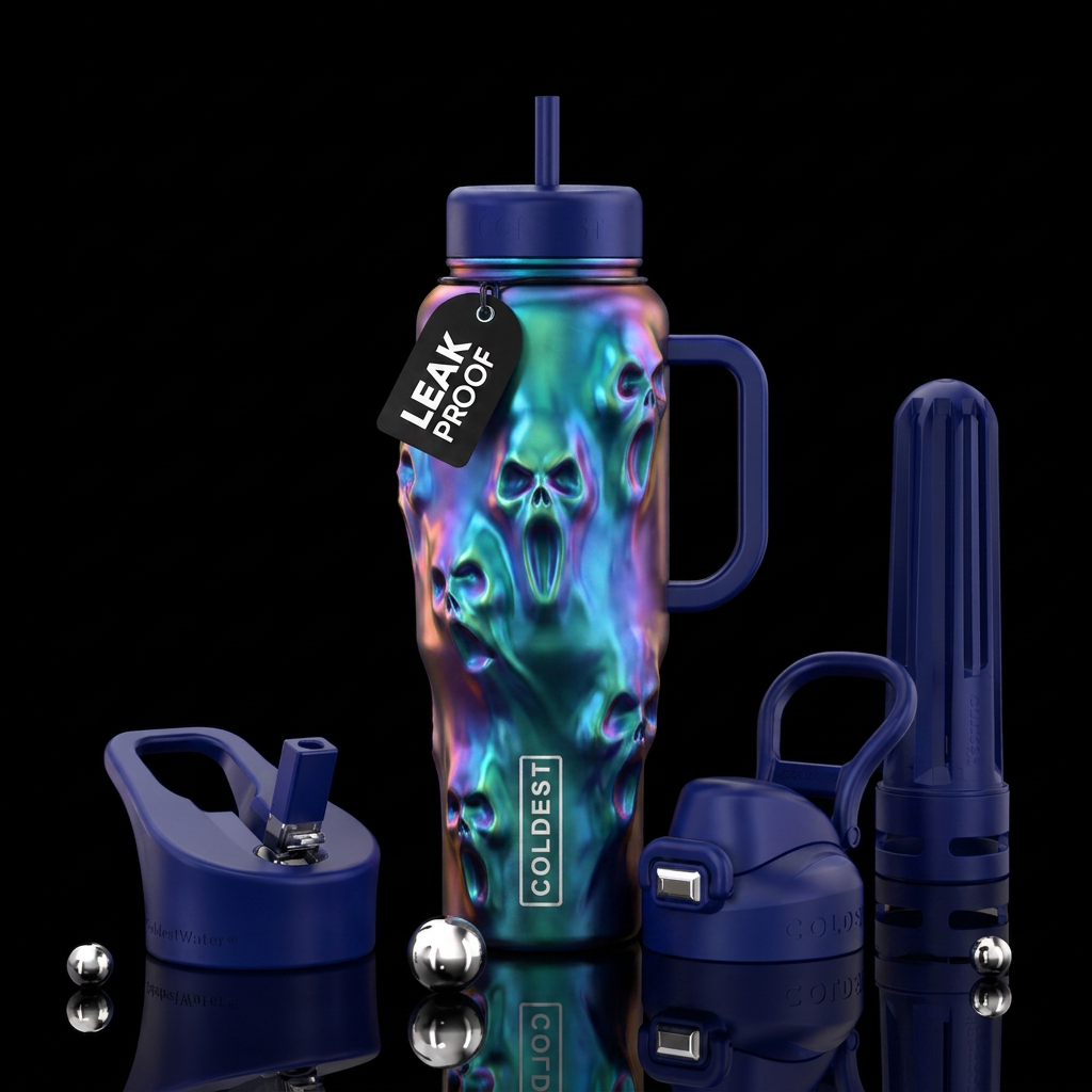 Glowy ghost face pushing metal out on bottle water bottle design