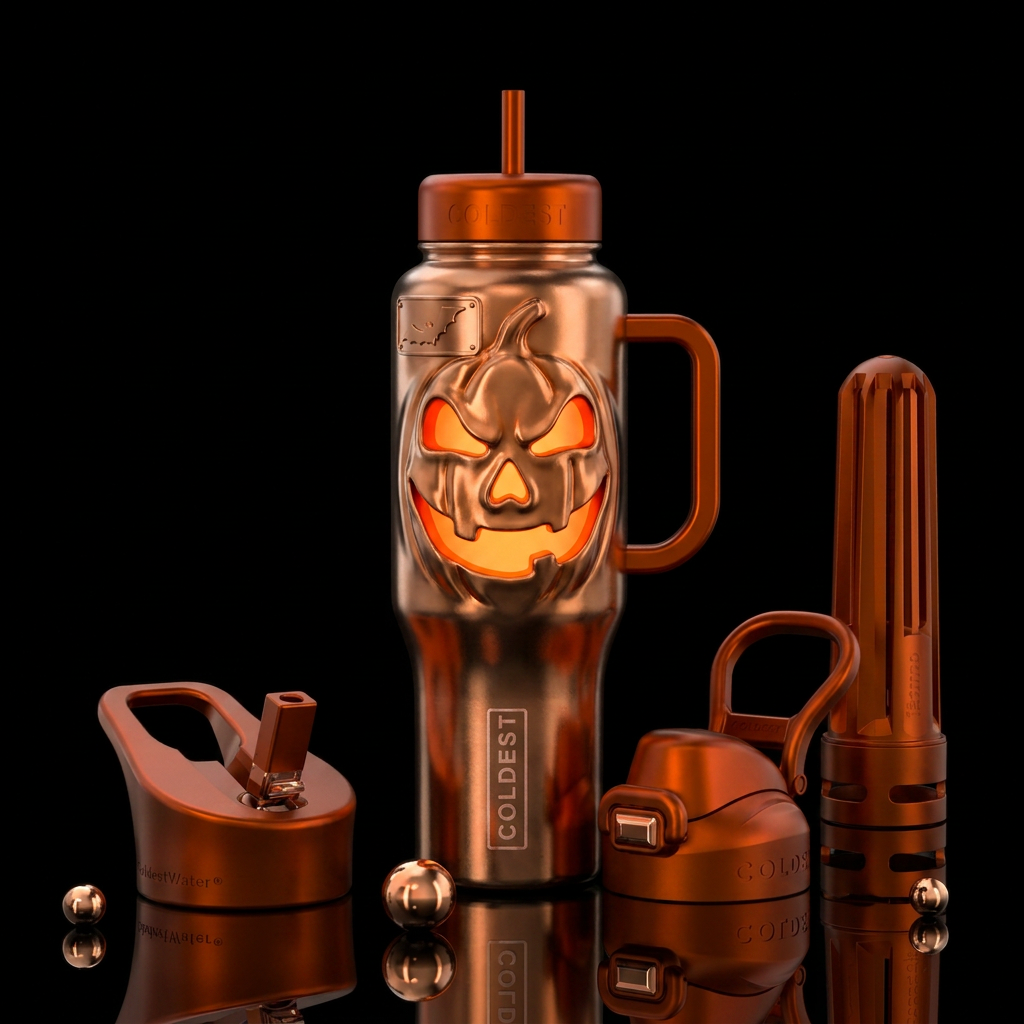 Glowy jackolantern face pushing metal out on bottl... water bottle design